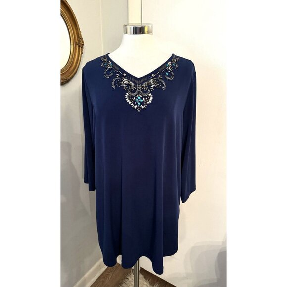 Susan Graver Artisan Top Size XL  Blue Beaded V Neck 3/4 Sleeve Tunic Blouse - Picture 15 of 15